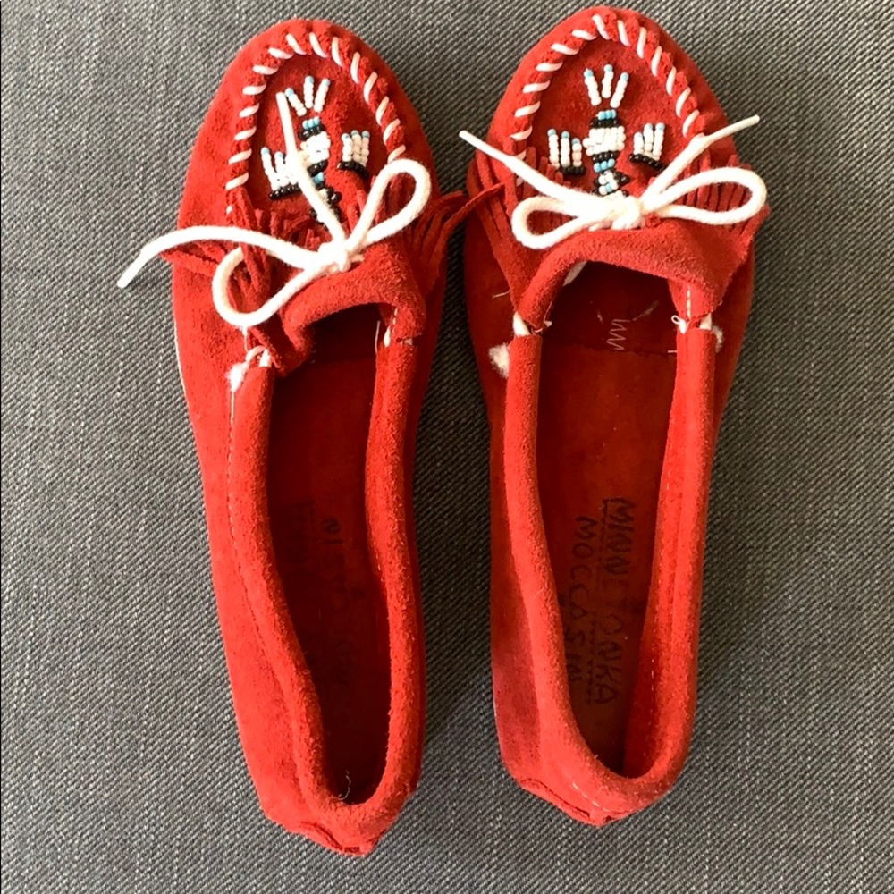 Red Minnetonka Suede Thunderbird Moccasin 7.5